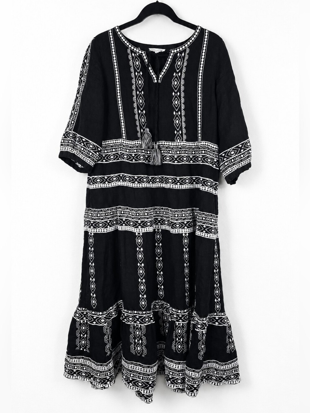 John Mark 100% Linen Black White Embroidered Boho Tassel Tiered Dress Small